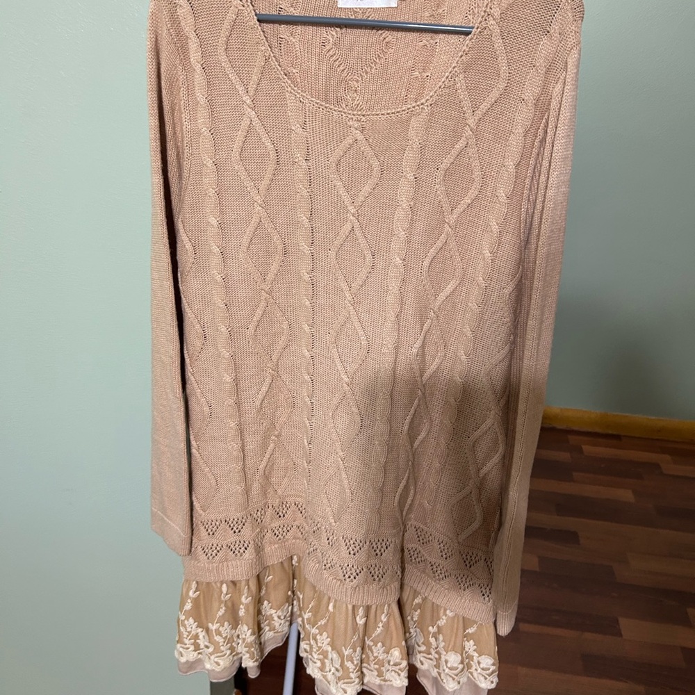 Simply Couture Tan Knit Top with Lace Detail